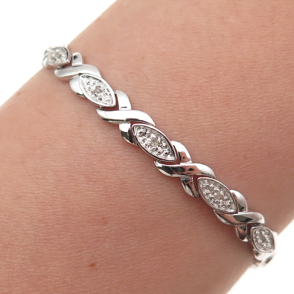 925 Sterling Silver Real Round-Cut Diamond XO Hugs & Kisses Bracelet 7.5"